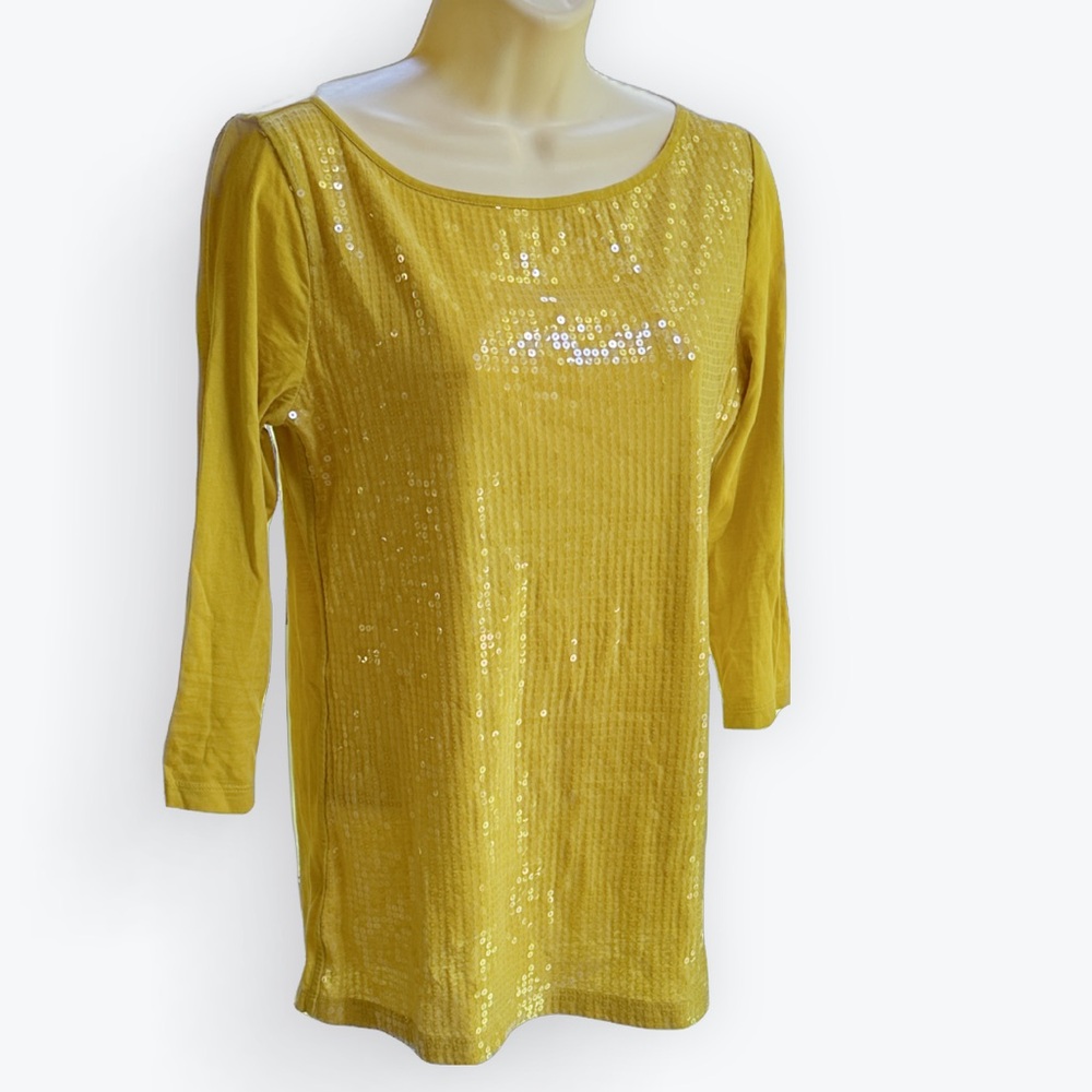 Radiant Sparkly Festive Party Casual Gold Yellow Sequined Loft 3/4 Sleeves Top~S
